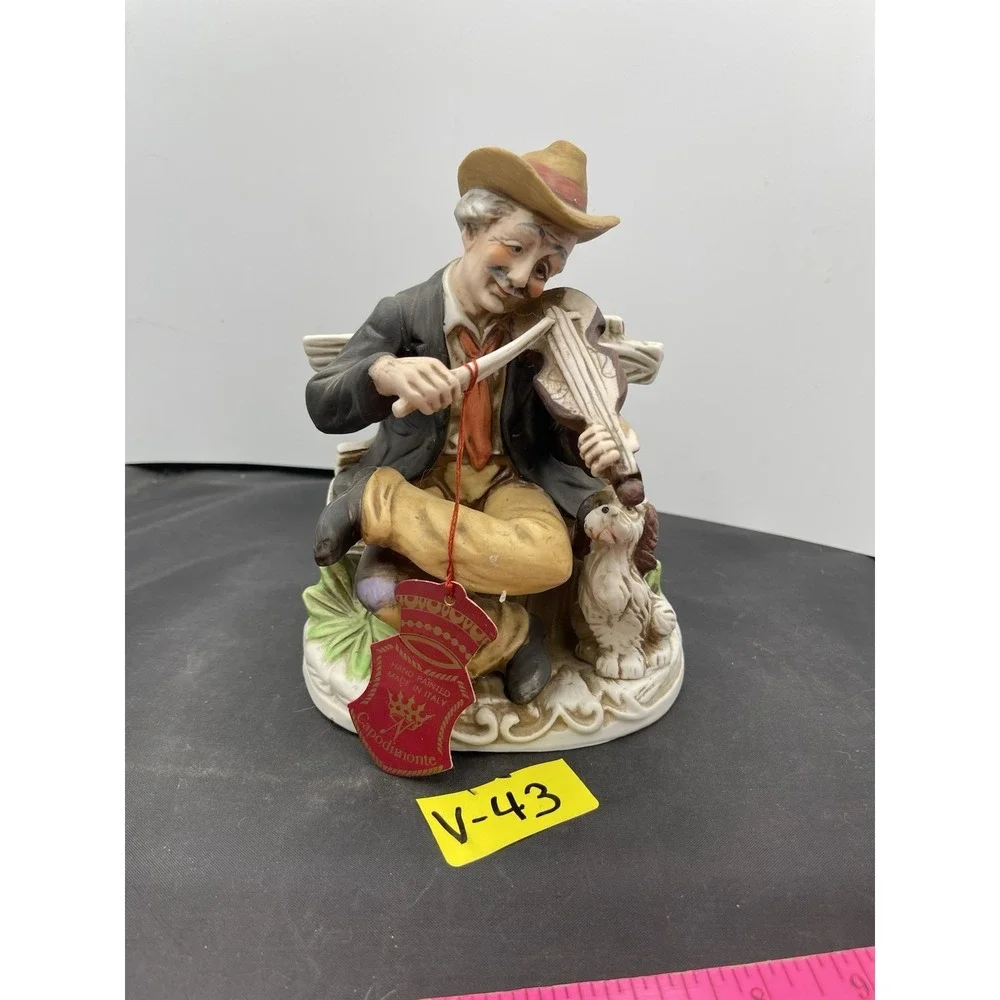 Old Man Sitting On Bench Play Violin With Dog Capodimonte Tag - Picture 2 of 10